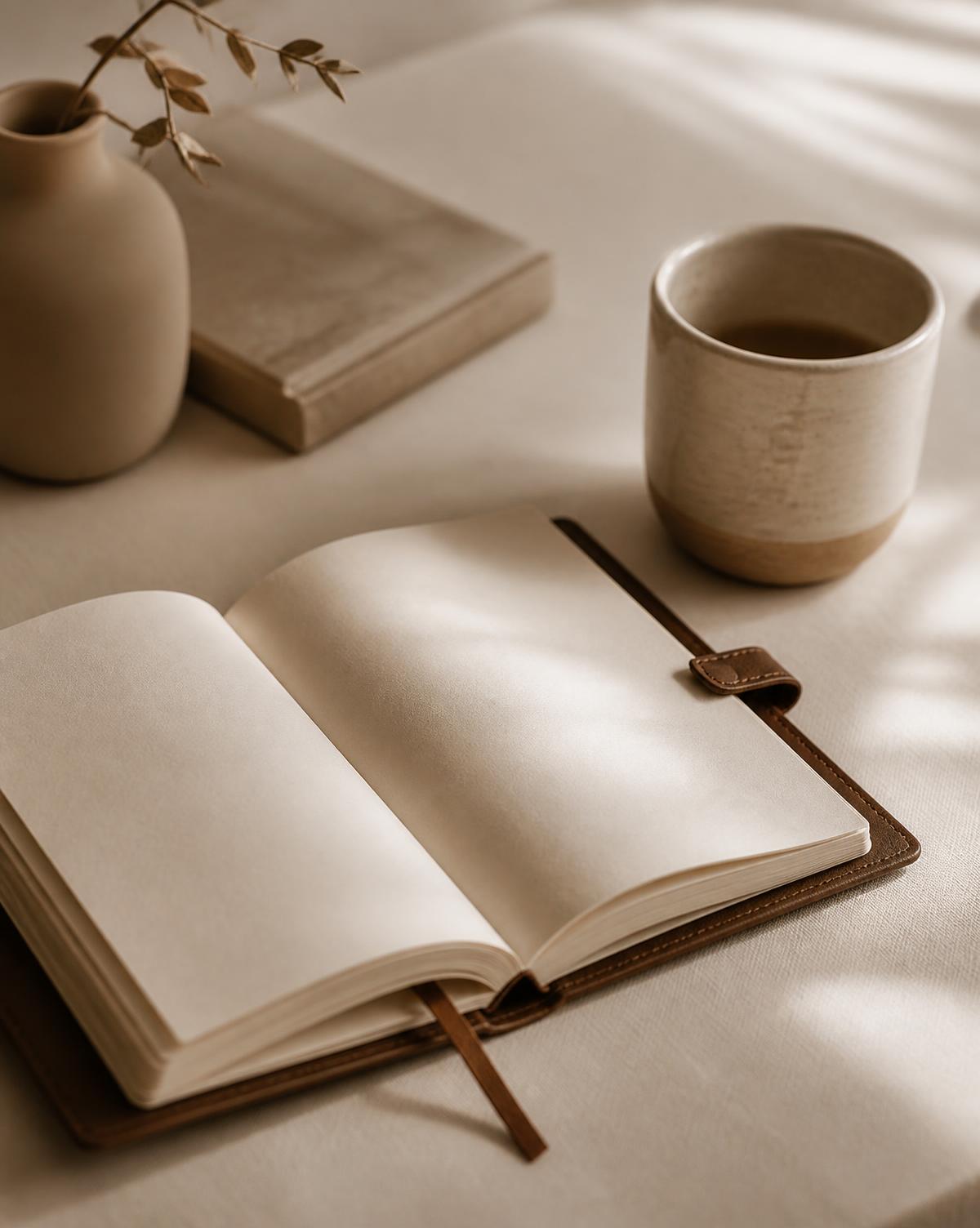An open journal, a ceramic cup and a small vase resting in soft morning light
